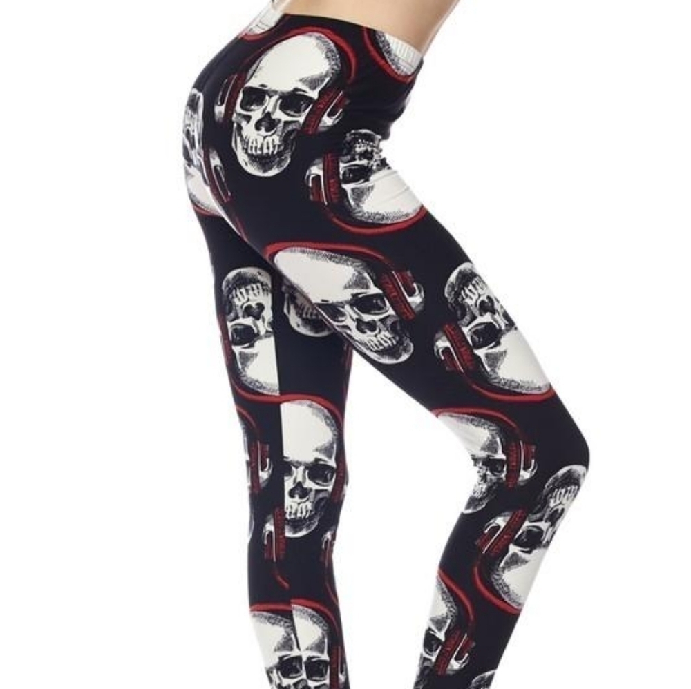 LEGGINGS DEPOT Black & Red Skulls Full Length Leggings Size 18 NWT